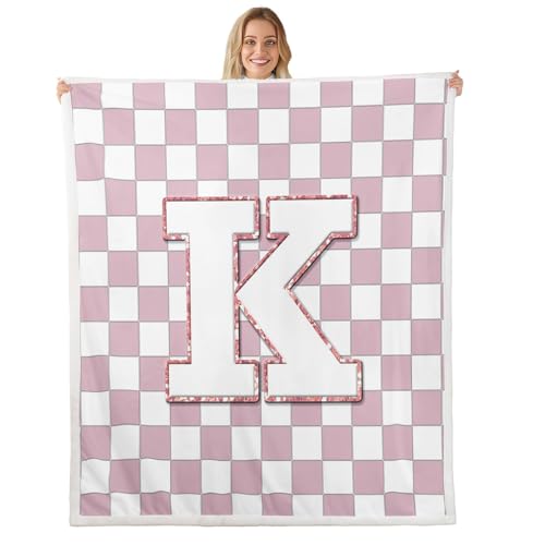 Image of Erosebridal Pink Initial K Sherpa Blanket Kawaii Plaid Checkered Fuzzy Plush Throw Cute Personalized Monogram Fleece Blanket for Kids Girls,Fashion Grids Gingham Decor for Bed Couch 40 inchx50 inch