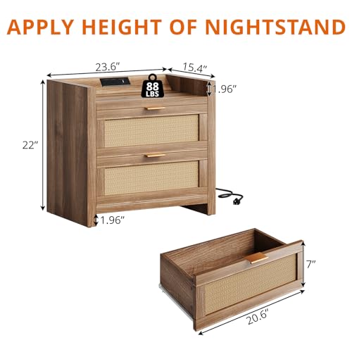 Image of Garvee Night Stand Set of 2, Rattan Nightstands with Charging Station, Boho Bed Side Tables with 2 Drawers, Modern Night Stand for Bedroom, Study, Living Room, Walnut