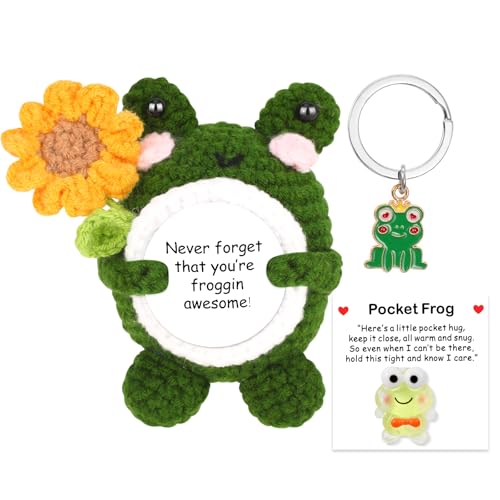 Rana Positiva Uncinetto, Bambola Emotiva con Carta Ispiratrice e portachiavi, Regalo Originale e Divertente per Famiglia, Amici, Uomo, Donna, Compleanno, Supporto Emotivo e Motivazionale Decorazioni