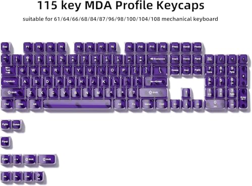 パープルクリアキーキャップ、透明キーキャップセット、MDAプロファイル、MXスイッチ対応メカニカルキーボード用、115キー、光を通すクリスタルキーキャップ、セラミックスタイル (パープル)