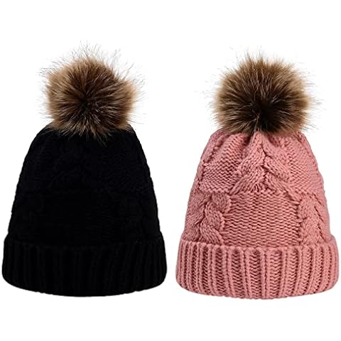 2 Pieces Cable Knitted Bobble Hat Plain Womens Beanie Warm Winter Pom Cap Cover