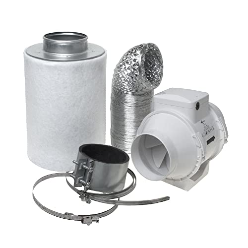 4-Zoll-Luftkohlefilter, Aluminiumgehäuse-Aktivkohle-Luftfilter mit Schwarzer Beutel-Smellines-Steuerung für Inline-Kanalventilator, Indoor-Hydrokultur, Gewächshaus, Growzelt 12,2 X 6,9 Zoll 15 Aktivkohlefilter Abluft Lüftungsset inkl. Rohrventilator 280 m³/h Belüftungsset für Growzelt