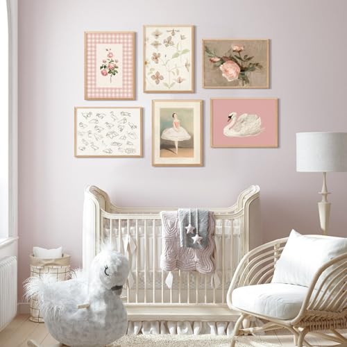 Nursery Pink Wall Art Decor Baby Girl Canvas Wall Art Vintage Floral Prints Kids Room Wall Decor Preppy Flower Poster Antique Pink Pictures Swans Painting for Girls Room Bedroom 12x16x6 Inch Unframed by Baccone - Image 3