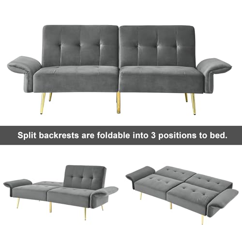 WinJoy Convertible Futon Sofa Bed with Folded Backrest, Multi-Functional Velvet Sleeper Sofa Couches with Storage Adjustable Armrests for Living Room, Apartment, Small Space, Gray