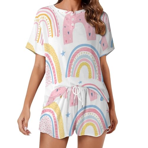 Pyjama pour femme manches courtes sleepwear ete vêtement de nuit léger arc-en-ciel