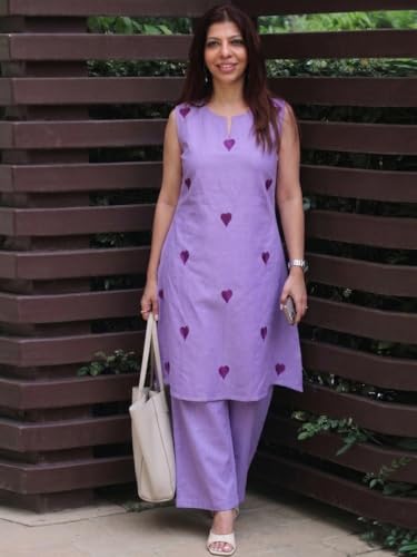 Image of ANNI Designer Kurta Set for Women Cotton Blend Embroidered | Kurti Set for Woman | Farshi Salwar Suit Kurta Palazzo Outfit | Round Neck V Slit Sleeveless Regular Fit Ethnic Dress Stylish Clothing