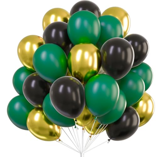 Image of PartyWoo Black Gold and Green Balloons 66pcs 12 Inch Black Gold Green Balloons for Graduation Baby Shower Birthday New Year's Eve Anniversary Bachelorette Retirement Engagement Party Decorations
