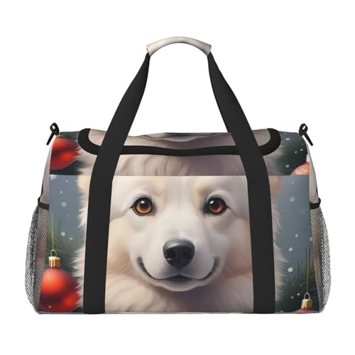 Merry Christmas Dog Print Travel Duffle Bag - Foldable Personal Item Travel Bag for Women & Men,Carry-On Convertible Crossbody Tote Bags with Adjustable Shoulder Strap & Pockets 13x10.2x19.7 in