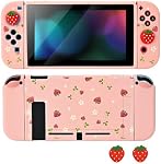 DLseego Protective Soft TPU Case for Nintendo Switch, Grip Cover for Joy-Handle, Detachable Controller Shockproof & Scratch-Resistant Console Shell, 2 Thumb Grips, Flower Strawberry, Pink 1 Switch
