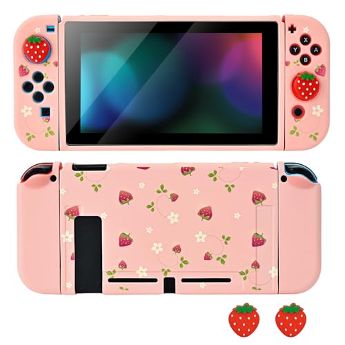 Image of DLseego Protective Case for Switch,Soft Silicone Strawberry TPU Shell,Dockable Anti-Scratch Shock-Absorbing Slim Skin with 2 Handle Cover and 2PCS Thumb Grips,Small Strawberry