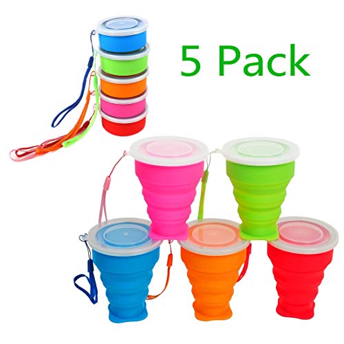 Stouge 5 Pack Silicone Collapsible Travel Water Cup,Portable Camping Cup With Lids Food Grade Mugs Set For Outdoor Drinking #TOP1