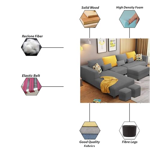 Image of Casaliving Minta 8 Seater L Shape Sofa Set with Ottoman & 2 Puffy for Living Room (8 Seater LHS, Dark Grey Sofa Set)