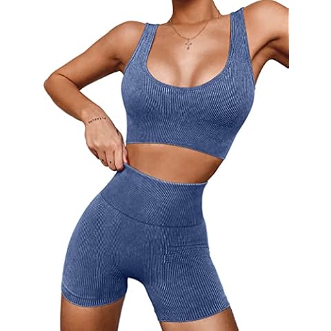 OQQ Athletic 2 Piece Outfit for Women Ribbed Acid Wash Seamless High Waist Shorts With Tank Top Exercise Set, Darkblue, Medium Cover