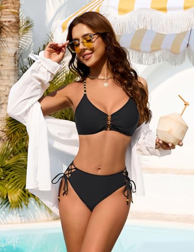 Image of Blooming Jelly Women Gold Beaded Straps Bikini Sets Sexy Cheeky Cutout Swim Suits O Ring Crisscross Tie Bathing Suit