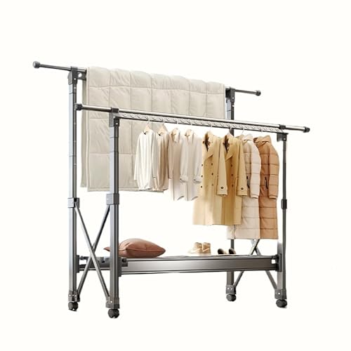MEMETARO ハンガーラック 物干しスタンド 布団干し パイプハンガーラック 洋服ラック キャスター付き 折りたたみ式 縦/横伸縮 ダブル 大容量 収納ラック 頑丈 グレー