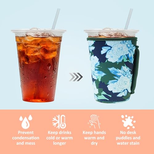 Image of KJQJLY 3 Reusable Iced Coffee Sleeves for Iced Coffee Cups or Drinks Reusable Neoprene Insulated Sleeves for Hot and Cold Drinks from Starbucks, Dunkin, And More (Moonflower)