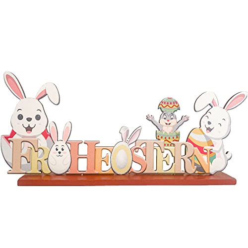 KEELYY Ostern Schriftzug Aufsteller, Osterdeko Holz, Frohe Ostern Schriftzug, Oster Schriftzug mit Hase, Osterdeko zum Hinstellen für Tisch - 1 Stück