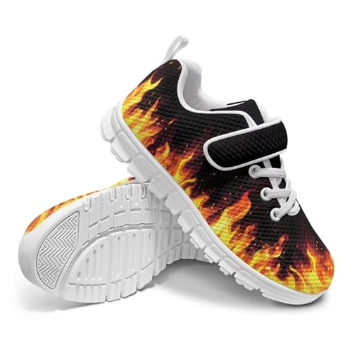 Boys Girls Shoes for Little Kids/Big Kids Machine Washable Lightweight Comfy Athletic Running Shoes Kids Sneakers Light Fire Pattern（White Sole）4