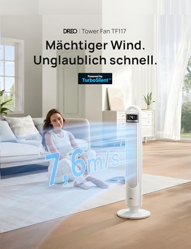 DREO Leiser Turmventilator, Ventilator mit Kühlung, Fernbedienung für Schlafzimmer, Tower Fan mit 4 Geschwindigkeiten, 3 Modi, 9,8 m Windreichweite, 8H Timer, 90° Oszillierend für Wohnzimmer 2