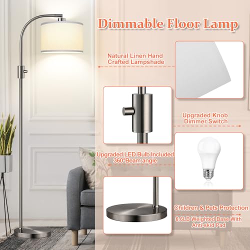 Image of Nintiue Upgraded Modern Arc Dimmable Tall Standing Floor Lamp with Linen Shade, 1200 Lumens LED Bulb Included, for Living & Reading Room, Bedroom, Office & Nursery, Brushed Nickel