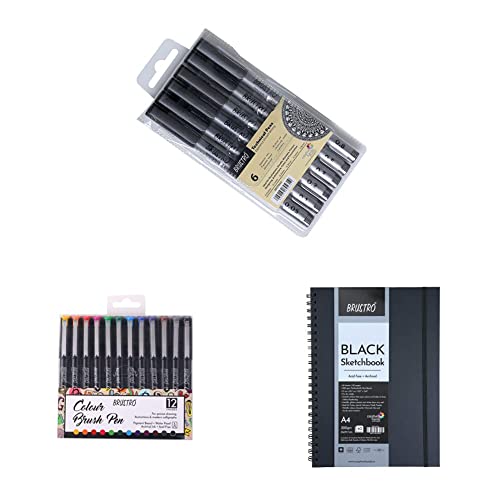 Image of BRUSTRO Technical Pen (Pack of 6) & Colour Brush Pens Set of 12 & Black Sketchbook, Wiro Bound, Size A4 (40 Sheets) 80 Pages