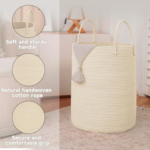JMvicyroam Large Woven Laundry Basket Hamper,60L Cotton Rope Storage Bin for Blankets,Toys and Clothes,Decorative Tall Nursery Hamper for Living Room,Baby Nursery,Bathroom and Bedroom,Beige - 5