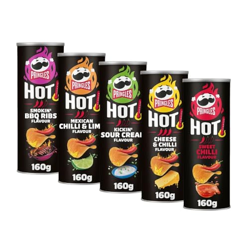 Pringles HOT scharfer Chips Mix (5 x 160 g) – Cheese & Chilli, Kickin' Sour Cream, Smokin' BBQ Ribs, Mexican Chilli Lime & Sweet Chilli – der Snack in der praktischen Dose – Pop. Play. Eat.