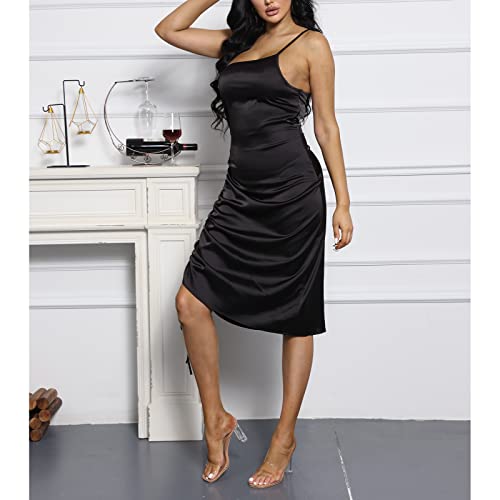 Women's Satin Dress Spaghetti Strap Drawstring Ruched Cocktail Evening Party Night Club Dresses3