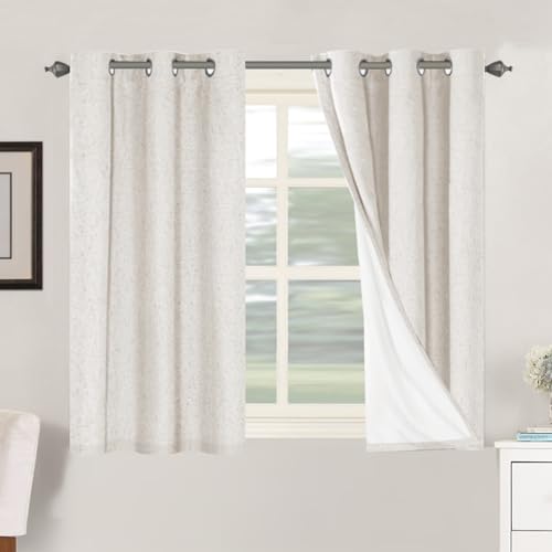 Image of H.VERSAILTEX Primitive Linen Curtains 100% Blackout Curtain Drapes Burlap Fabric Curtains with White Thermal Insulated Liner, Grommet Top Drapes Living Room/Bedroom (2 Panels, 42 x 45 Inch, Ivory)