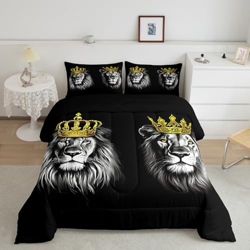 Image of Feelyou Kids Lion King & Queen Comforter Full Size, Gold Crown Comforter Set for Man Woman African Safari Animal Bedding Set Wild Lion Couple Duvet Set Microfiber Bed Set