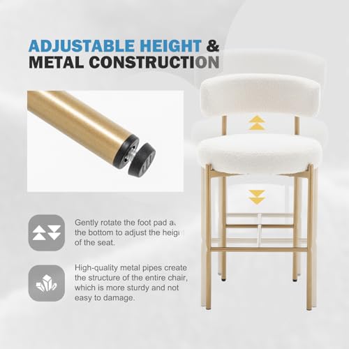 Image of Cinxzar Boucle Bar Stools Set of 3, White Counter Height Bar Stools with Backs, Gold Modern Barstools for Kitchen Island, Pub, Club