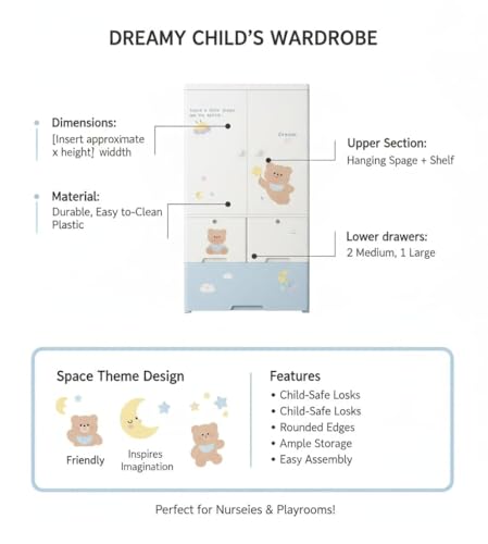 Image of Strassis Design Plastic Wardrobe for Kids| Almirah and Wardrobe for Baby Clothes| Modular Storage Cabinet with Wheel Organizer for Cupboard Rack for Clothes /Shoes /Books /Toy (Bear)