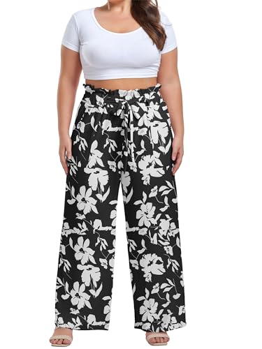 Image of OLRIK Women's Plus Size Pants Adjustable High Waisted Wide Leg Palazzo Pants Casual Trousers with Pockets Spring Clothes