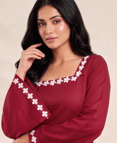 Image of MAHIRA'S Comfort Women's Short Kurti, Rayon Tunic Top with 3 /4 Embroidered Designer Sleeves | Soft Breathable Fabric | Office & Casual Kurti for Jeans, Leggings & Trousers