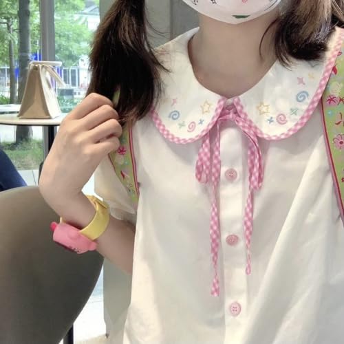 Women's Kawaii T-Shirt Lolita Doll Collar Embroidery Flower Print White Blouse Japanese Cute Sweet Shirts Y2K Tops2