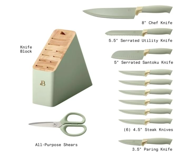 Drew Barrymore 12-Piece Knife Set – Stainless Steel with Soft-Grip Handles & Block, Sage Green
