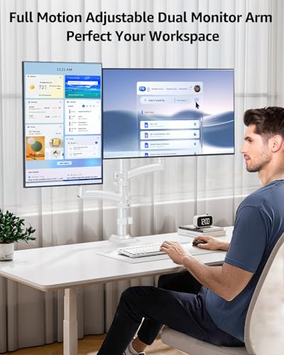 Image of Dual Monitor Stand Height up to 26.6 inch, Monitor Desk Mount Holds up to 32 inch & 22 lbs Each, Gas Spring Dual Monitors Arm with C-clamp & Grommet Mounting, Freelift White