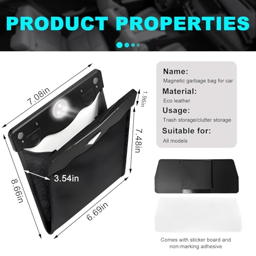 Image of Yourkar Car Hanging Trash Can, Magnetic Closure LED Light Auto Trash Bag Storage Pocket, Collapsible Waterproof Leather Hanging Trash Can with Disposable Trash Bag, Car Accessories (Black)