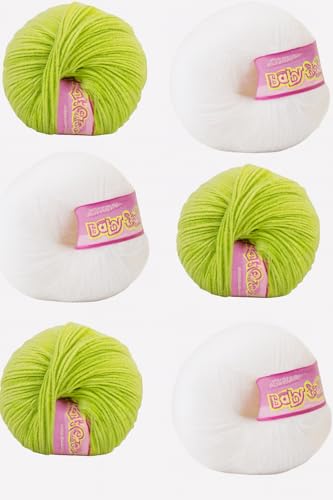 Image of Vardhman BabySoft Knitting Yarn | 100% Acrylic Wool | 4 Ply | Thin Knitting & Crocheting Hook Thread & Lightweight | Special Baby Wool | 150 Grams (6 Balls of 25g) | Machine Washable | Ideal for Blankets, Hats, Booties Ultra-Soft for Baby Sweaters, Blankets, Caps, Socks, Soft toys, Art & craft (Light Green No.96 & White No.18)