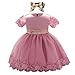 Baby Mädchen Erstes Geburtstagskleid Taufkleid Kurzarm Spitzenkleid Pailletten Schliefe Tüll Abendkleid Festliches Festkleid Hochzeit Brautjungfer Kommunionskleid mit Stirnband Set Dunkelrosa 12-18M