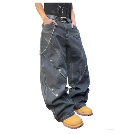 DFGIGT Calça jeans masculina folgada patchwork Y2k hip hop perna larga casual solta calça streetwear, C12 Azul, XGG