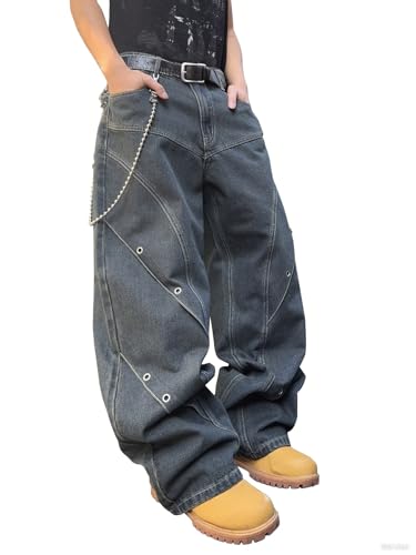 Mens Baggy Jeans Patchwork Y2k Hip Hop Wide Leg Denim Pants Casual Loose Fit Trousers Streetwear