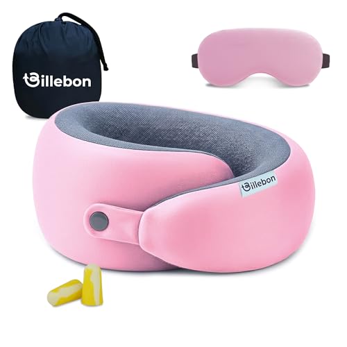 Image of Billebon Ultrasoft Memory Foam Neck Pillow for Travel, Lightweight Comfortable & Breathable Cover, Airplane Travel Pillow Combo with Premium Eye Mask and Carry Bag. (Pink)