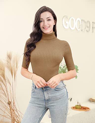 Image of v28 Women Turtleneck 1 /2 Half Sleeve Highly Stretchy Ribbed Knit Fitted Sweater