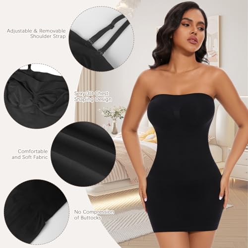Image of Betaven Strapless Shapewear Dress Full Slip Dress for Women Seamless Body Shaper Under Dresses Tummy Control Dress