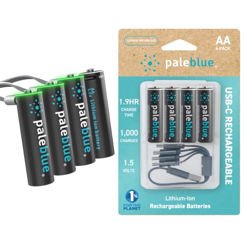 USB Rechargeable AA Batteries by Pale Blue Lithium Ion 1.5v 1700 mAh Charges Under 1 Hours Over 1000 Cycles 4-in-1 USB-A to USB-C Charging Cable LED Charge Indicator 4-Pack