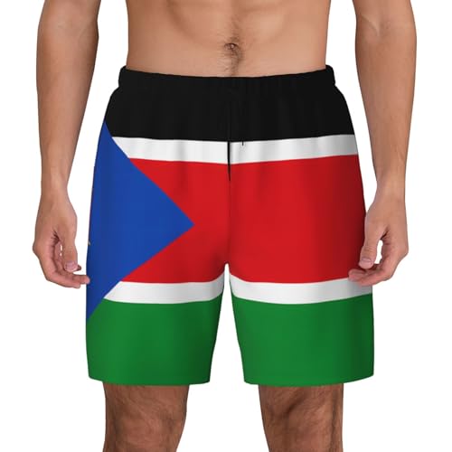 Flag of South Sudan Print Men's Casual Swim Shorts, Comfortable Double Layer Beach Trunks for Lounging & Swimming