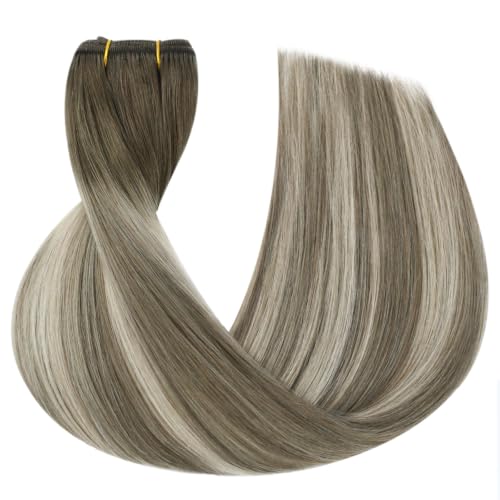 Image of Full Shine Machine Weft Hair Extensions 20 Inch 105G, Machine Tied Sew In Weft, 7 /7 /800 Ash Brown To Blonde Mix Brown, Remy Human Hair, Workday Styling, Daily Wear