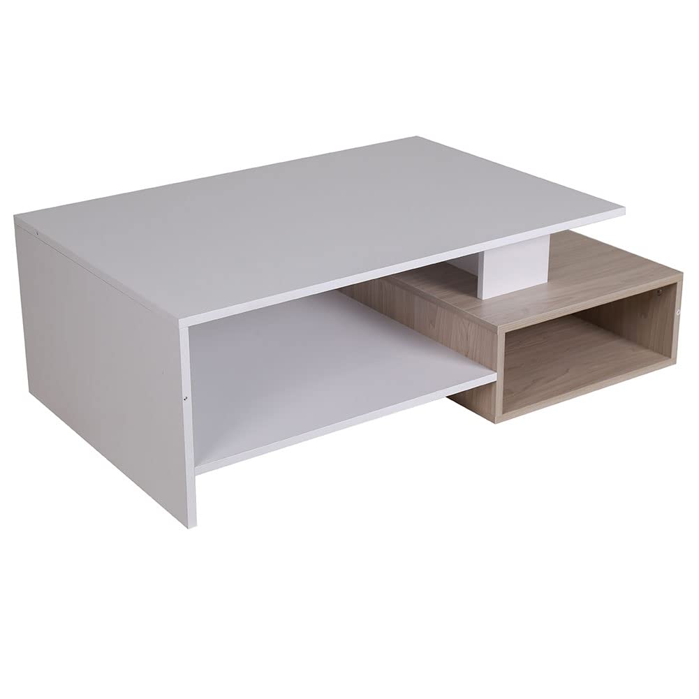 BAKAJI Tavolino Divano Tavolo Caffè da Salotto Rettangolare Design Moderno in Legno MDF con 4 Ripiani Inferiori Dimensione 106.5 x 60 x 34.5 cm Arredamento casa (Bianco e Quercia)