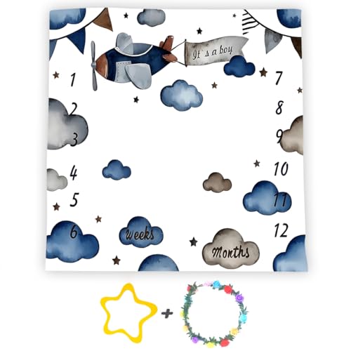 Image of Airplane Theme Baby Monthly Milestone Blanket for Boys, Soft Flannel Aircraft Pilot Cloud Stars Pattern Photography Prop Baby Shower Age Newborn Mom Gifts Nursery Decor (Gray Blue, 48x48in)